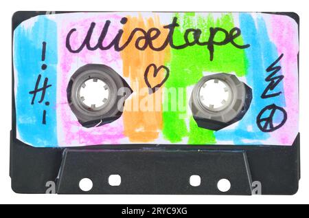 vintage cassette tape, personal mix tape with handmade cassette sticker,isolated on white baackground Stock Photo