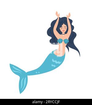 Mermaid with black hair, choker with pearl and bikini shells. Cartoon child character in flat style. Marine life. For stickers, posters, postcards, de Stock Vector