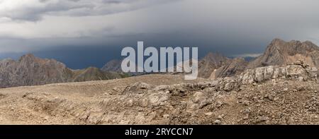Panoramic scene of a thunderstorm over the Wetterstein mountains in the Alps Stock Photo