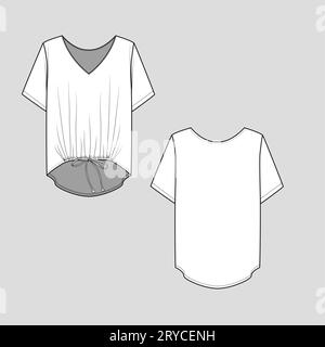 Women Front gathering knot tie dip hem v neck short sleeve fashion top blouse  flat sketch cad  technical drawing template design vector Stock Vector