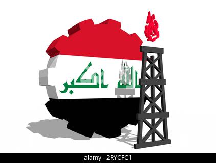 Gear with gas rig simple icon, textured by Iraq flag Stock Photo