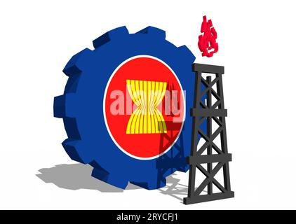 Gear with gas rig simple icon, textured by ASEAN flag Stock Photo