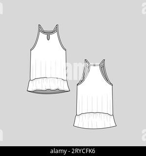 Fashion Cami top ruffles dip hem flat sketch cad mock up technical ...