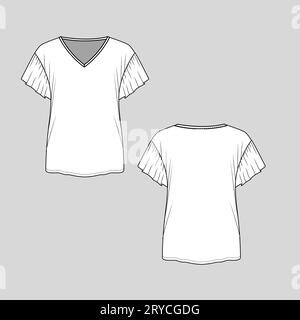 Women loose fit ruffle sleeve  v neck fashion t shirt top blouse flat sketch drawing template design vector Stock Vector