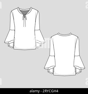 women ruffles knot tie up neck bell sleeve ruffles  flat sketch drawing template design vector Stock Vector