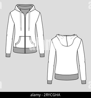 Women Regular Zipper hoodie sweatshirt drawstring kangaroo pocket rib cuff hem autumn winter fashion cad mock up flat sketch technical drawing design Stock Vector