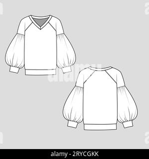 women Sweatshirt Raglan Balloon Sleeve drop shoulder V Neck Hem Cuffs Fashion flat sketch drawing template design vector Stock Vector