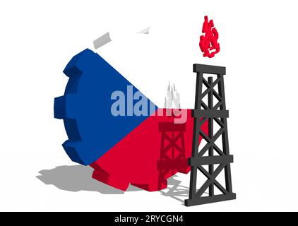 Gear with gas rig simple icon, textured by Czech flag Stock Photo