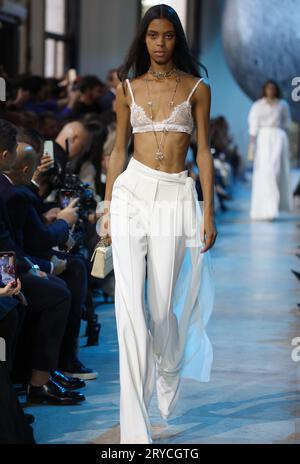 Paris, France. 30th Sep, 2023. A model takes to the catwalk during Elie Saab's show as part of the Spring-Summer 2024 Fashion Week presentations in Paris, on Saturday, September 30, 2023. Photo by Maya Vidon-White/UPI Credit: UPI/Alamy Live News Stock Photo