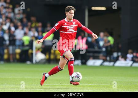 Watford, UK. 30th Sep, 2023. Hayden Hackney #7 of Middlesbrough on the ball during the Sky Bet Championship match Watford vs Middlesbrough at Vicarage Road, Watford, United Kingdom, 30th September 2023 (Photo by Arron Gent/News Images) in Watford, United Kingdom on 9/30/2023. (Photo by Arron Gent/News Images/Sipa USA) Credit: Sipa USA/Alamy Live News Stock Photo