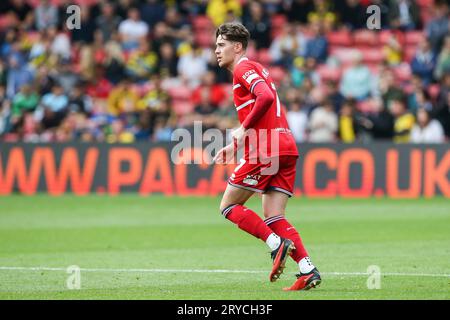 Watford, UK. 30th Sep, 2023. Hayden Hackney #7 of Middlesbrough during the Sky Bet Championship match Watford vs Middlesbrough at Vicarage Road, Watford, United Kingdom, 30th September 2023 (Photo by Arron Gent/News Images) in Watford, United Kingdom on 9/30/2023. (Photo by Arron Gent/News Images/Sipa USA) Credit: Sipa USA/Alamy Live News Stock Photo