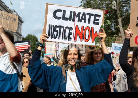 London, UK. 30 September 2023. Climate activists, including Fossil Free London, Extinction Rebellion and Just Stop Oil march against the recently approved Rosebank oilfield outside the Energy Security and Net Zero Department before marching through Parliament Square toward the Embassy of Norway. Credit: Andrea Domeniconi/Alamy Live News Stock Photo