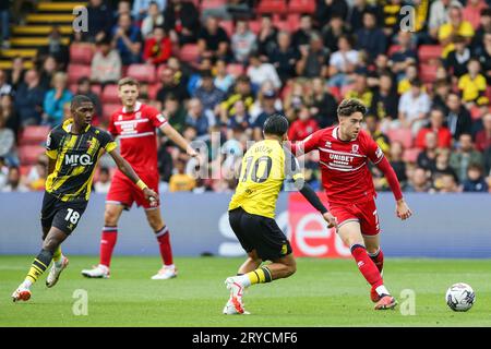 Watford, UK. 30th Sep, 2023. Hayden Hackney #7 of Middlesbrough passes the ball during the Sky Bet Championship match Watford vs Middlesbrough at Vicarage Road, Watford, United Kingdom, 30th September 2023 (Photo by Arron Gent/News Images) in Watford, United Kingdom on 9/30/2023. (Photo by Arron Gent/News Images/Sipa USA) Credit: Sipa USA/Alamy Live News Stock Photo