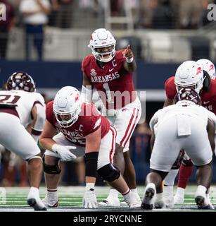 Arlington, Texas, USA. 30th Sep, 2023. Arkansas player #1 QB KJ JEFFERSON calling out at the line scrimmage (Credit Image: © Hoss McBain/ZUMA Press Wire) EDITORIAL USAGE ONLY! Not for Commercial USAGE! Stock Photo