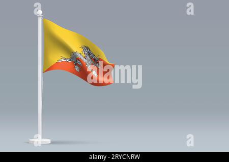 3d realistic national Bhutan flag isolated on gray background with copyspace Stock Vector