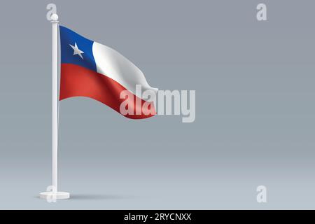 3d realistic national Chile flag isolated on gray background with copyspace Stock Vector