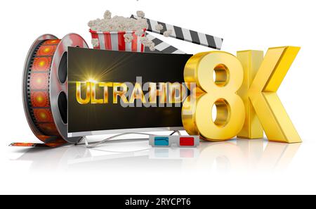 8K TV, popcorn and film Stock Photo