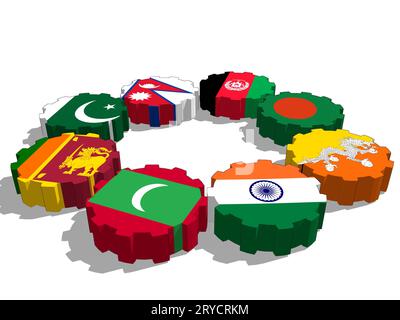 South Asian Association for Regional Cooperation members flags on gears Stock Photo