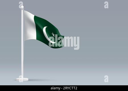 3d realistic national Pakistan flag isolated on gray background with copyspace Stock Vector