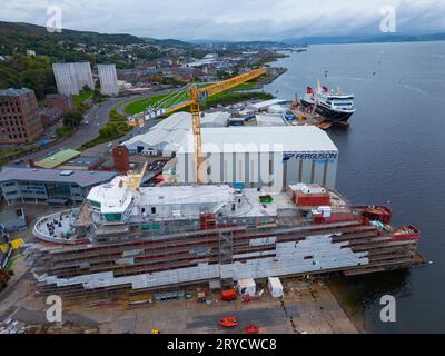 Port Glasgow, Scotland, UK. 30th September 2023. Latest images of MV Glen Rosa and Glen Sannox, two Caledonian MacBrayne ferries under construction at Ferguson Marine shipyard in Port Glasgow, Scotland. Both ferries are several years behind schedule and massively over budget. Further delays and cost increases were announced by Ferguson this week. Pic; Glen Rosa under construction in the shipyard. It is now scheduled to be completed in May 2025.  Iain Masterton/Alamy Live News Stock Photo