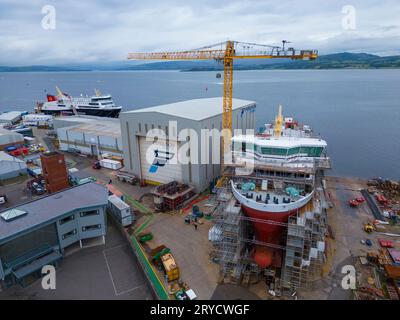 Port Glasgow, Scotland, UK. 30th September 2023. Latest images of MV Glen Rosa and Glen Sannox, two Caledonian MacBrayne ferries under construction at Ferguson Marine shipyard in Port Glasgow, Scotland. Both ferries are several years behind schedule and massively over budget. Further delays and cost increases were announced by Ferguson this week. Pic; Glen Rosa under construction in the shipyard. It is now scheduled to be completed in May 2025.  Iain Masterton/Alamy Live News Stock Photo