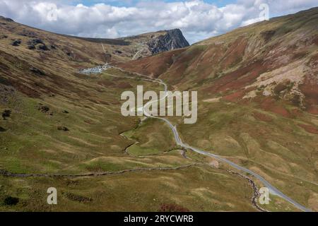 aerial view looking up the east side of the honister pass towards the slate mine and the summit of fleetwith pike Stock Photo