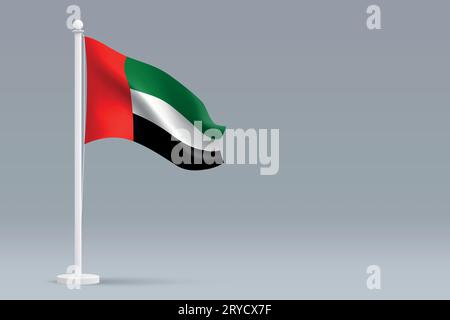3d realistic national United Arab Emirates flag isolated on gray background with copyspace Stock Vector
