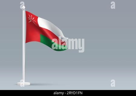3d realistic national Oman flag isolated on gray background with copyspace Stock Vector