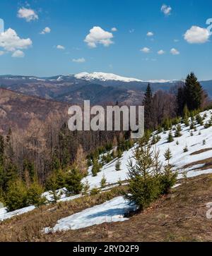 Early spring Carpathian mountains plateau landscape with snow-covered ridge tops in far, Ukraine. Stock Photo