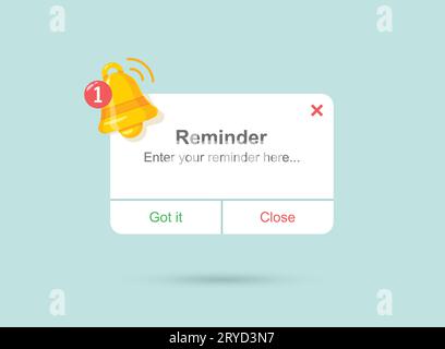 Reminder notifications page with alert bell icon in flat style. Event notice message vector illustration on isolated background. Announcement notice s Stock Vector