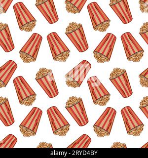 Popcorn in a basket, seamless pattern on a white background. Vector illustration. Greeting cards, invitations, covers, textiles, wrapping paper. Stock Vector