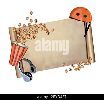 Roll of paper, helmet, popcorn, headphones. Template for inserting text. Vector illustration. Greeting cards, invitations, flyers, banners, posters. Stock Vector
