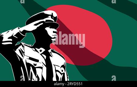 Silhouette of soldier with Bangladesh flag on background. Army day concept Stock Vector