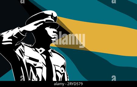 Silhouette of soldier with Bahamas flag on background. Army day concept Stock Vector