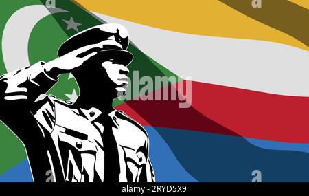 Silhouette of soldier with Comoros flag on background. Army day concept Stock Vector