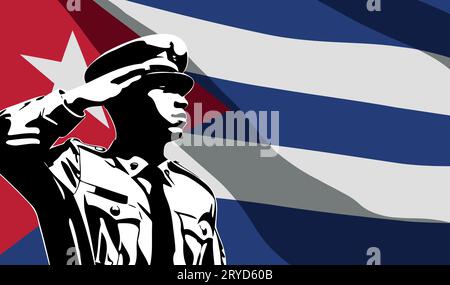 Silhouette of soldier with Cuba flag on background. Army day concept Stock Vector