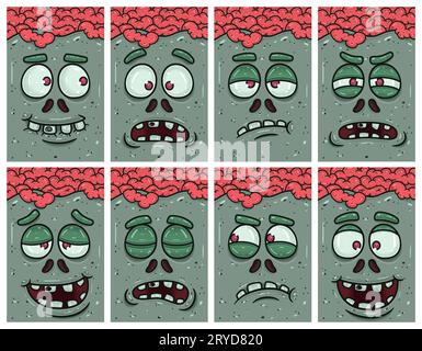 Zombie Face Cartoon Expression Set. Wallpaper, Cover, Label and Packaging Design Set. Vector Illustration. Stock Vector