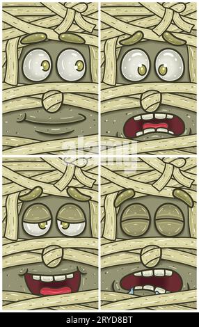 Mummy Face Expression Character Cartoon. Hopeful, Disbelieving, High And  Sleepy Expression. Wallpaper, Cover, Label and Packaging Design Set. Vector Stock Vector