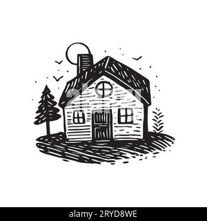 Quirky rural cabin holiday home vector illustration. Block print real estate graphic for scandi winter scene doodle, whimsy minimal stylized domestic Stock Vector