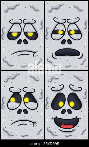 White Ghost Face Expression Character Cartoon. Bored, Suspecious, Jealous And Happy Expression.  Wallpaper, Cover, Label and Packaging Design Set. Vec Stock Vector