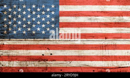 Old vintage American US flag over white wood Stock Photo