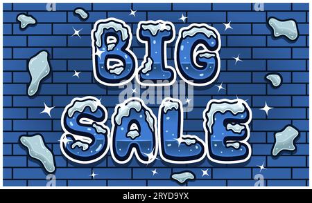Big Sale Lettering With Snow Ice Font In Brick Wall Background For Sign Template. Text Effect and Simple Gradients. Vectors Illustrations. Stock Vector