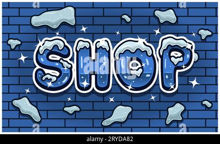 Shop Lettering With Snow Ice Font In Brick Wall Background For Sign Template. Text Effect and Simple Gradients. Vectors Illustrations. Stock Vector