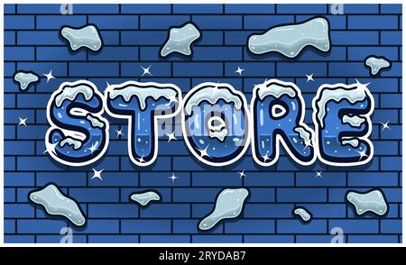 Store Lettering With Snow Ice Font In Brick Wall Background For Sign Template. Text Effect and Simple Gradients. Vectors Illustrations. Stock Vector