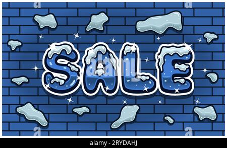 Sale Lettering With Snow Ice Font In Brick Wall Background For Sign Template. Text Effect and Simple Gradients. Vectors Illustrations. Stock Vector