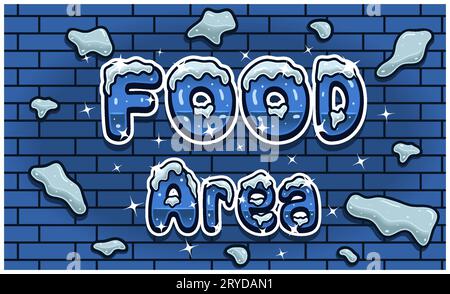 Food Area Lettering With Snow Ice Font In Brick Wall Background For Sign Template. Text Effect and Simple Gradients. Vectors Illustrations. Stock Vector