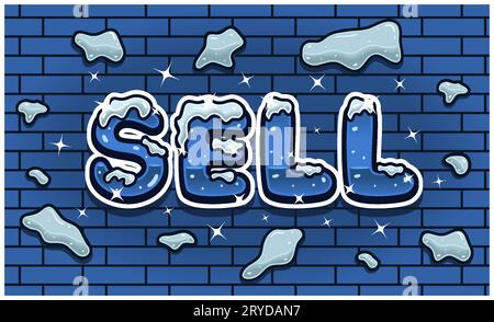 Sell Lettering With Snow Ice Font In Brick Wall Background For Sign Template. Text Effect and Simple Gradients. Vectors Illustrations. Stock Vector