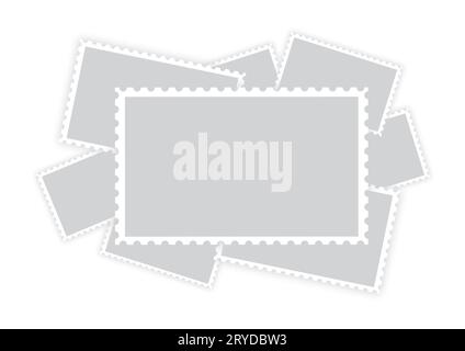 Many old retro style grey blank paper postage stamp frames with shadow isolated on white background Stock Photo