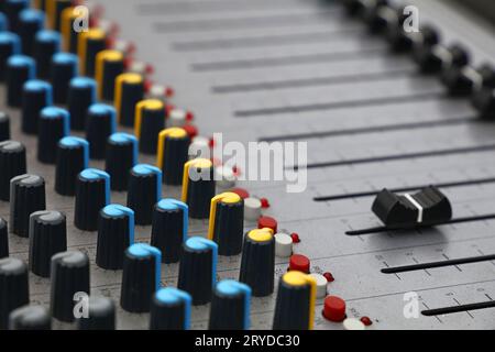 Close up audio control sound mixing console Stock Photo