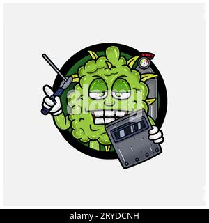 Weedbud Holding Weld Machine Character Cartoon With Circle. For Mascot Logo, Tshirt Design, Business, Cover, Label and Packaging Product. Vector and I Stock Vector